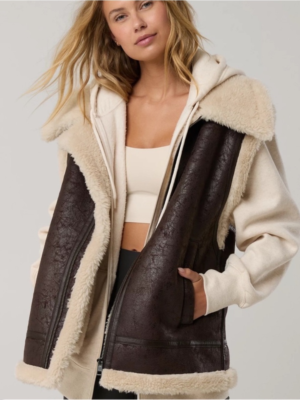 Offline Aerie Brown Distressed Faux Suede Leather Sherpa Aviator Bomber Vest M